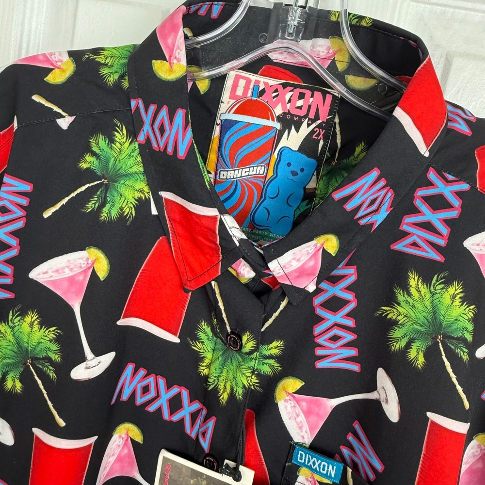 Dixxon Flannel‎ Dancun Button Up Shirt Womens 2XL Neon Martini Palm Tree Graphic